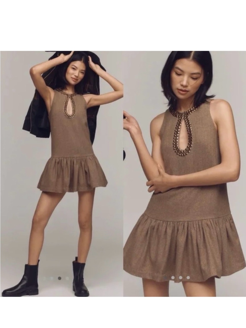 NWT Anthropologie Beaded Keyhole brown sleeveless wool blend mini dress.Size XL